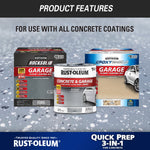 Graphic showing compatibility with other Rust-Oleum garage floor coating products arranged on a speckled floor background