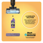 Graphic showing a cleaning head, a bottle of Shark HYDRO hard wood concentrate and a replacement roller as a complete solution.