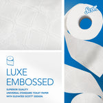 Composite image showing embossed Scott toilet paper texture close-up and a roll with unspooled sheet labeled 'Luxe Embossed' on blue and white panels.