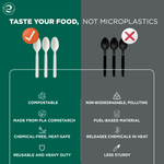 Comparison infographic contrasting white compostable spoons with black plastic spoons and listing compostable benefits