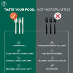 Split graphic comparing compostable white cutlery on green side with black plastic forks on gray side