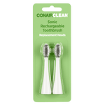 Blister-pack on green card showing two ConairClean sonic rechargeable toothbrush replacement heads.