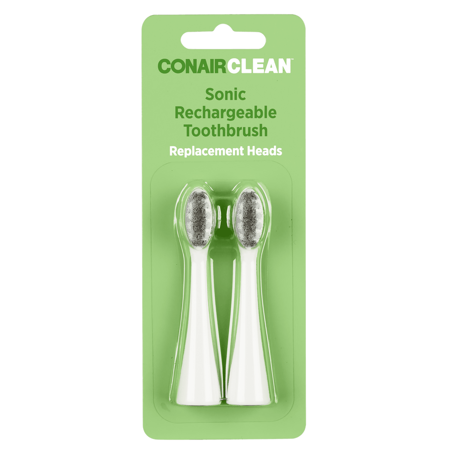 Blister-pack on green card showing two ConairClean sonic rechargeable toothbrush replacement heads.