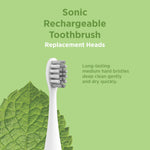 Stylized green product graphic with a single ConairClean sonic toothbrush head and leaf background.