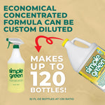 Graphic showing a Simple Green jug pouring toward a dilution bottle with large text stating it makes up to 120 bottles