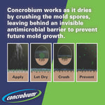 Concrobium explanatory panel showing apply, let dry, crush, prevent sequence with supporting illustrations