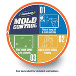Round step-by-step label graphic for Concrobium Mold Control illustrating spray, wipe, and dry steps