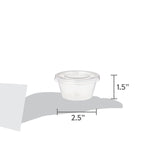 Graphic showing a clear condiment cup on a hand silhouette with dimensions 2.5" width and 1.5" height