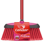Close-up of Condor broom head with red bristles and red branded sleeve reading Condor Prática
