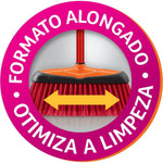 Circular infographic showing an elongated Condor broom head with double-headed arrow and Portuguese text about optimized cleaning