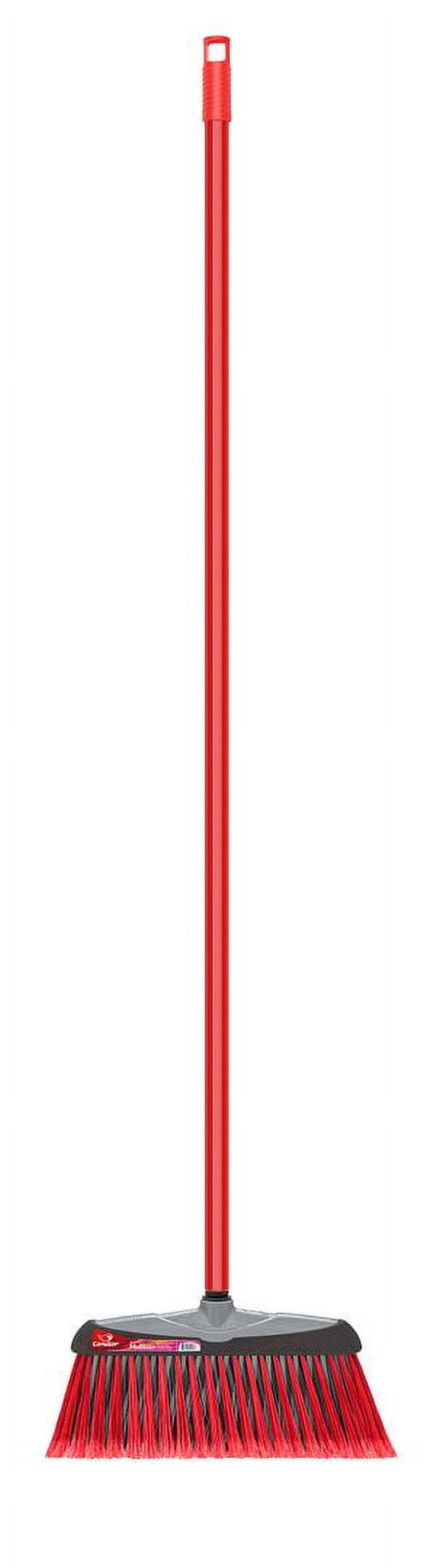 Full-length red-handled Condor broom with rectangular grey head and red bristles on white background