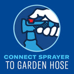 Illustration of a hand connecting a sprayer nozzle to a garden hose with instruction text