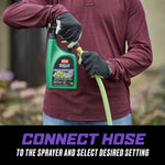 Person connecting a garden hose to an Ortho WeedClear sprayer while wearing gloves, instructional overlay about connecting the hose