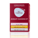 Red Connoisseurs all-purpose jewelry cleaning kit box with product name and polishing cloth callouts