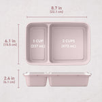 Top and side view diagram of a blush pink two-compartment meal container with dimensions and embossed volume labels (1 cup, 2 cups).