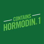 Green graphic with bold text stating contains Hormodin 1 on a solid background