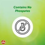 Green gradient graphic stating 'Contains No Phosphates' with a crossed-out flask icon and a small Comet logo.