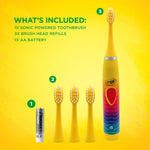 Yellow-background inclusion graphic showing a sonic toothbrush, three yellow brush head refills and one AA battery with 'What's included' text.