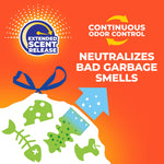 Orange infographic showing 'Continuous Odor Control' and 'Neutralizes Bad Garbage Smells' with iconography and logo