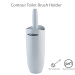 Front view of Bath Bliss contour toilet brush in its white holder against a white background with small icons and title text above