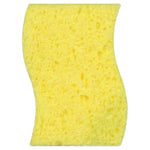 Top-down view of a yellow contoured sponge body with textured pores, no packaging visible