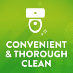 White toilet icon with sparkle symbols above large text 'CONVENIENT & THOROUGH CLEAN' on a green graphic background.