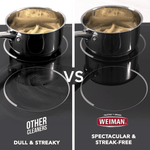 Side-by-side comparison of two cooktop surfaces under a saucepan showing 'OTHER CLEANERS' dull vs 'WEIMAN' streak-free