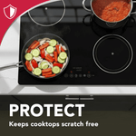 Overhead view of a cooktop with two pots cooking, caption reads PROTECT and notes keeping cooktops scratch free