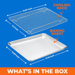 Illustration of a stainless steel cooling rack above an aluminum baking sheet with dimensional arrows and 'what's in the box' text