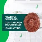 Close-up of a copper-coated scouring pad next to a green feature panel listing powerful scrubbing, durable and long lasting