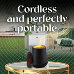 Graphic showing cordless and portable claim with diffuser image on a tabletop and stylized home scene background
