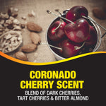 Close-up photo of dark cherries in a small metal cup with text overlay naming Coronado Cherry scent and notes