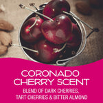 Close-up photo of dark cherries in a small metal bucket above copy reading Coronado Cherry Scent and fragrance notes