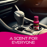 California Scents Coronado Cherry spray can placed in a car cupholder beside a gear shift, promotional text band at bottom
