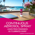 California Scents Coronado Cherry aerosol spray on a desk by a window with an ocean view and pink promotional banner