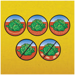 Set of six circular icons showing correct and incorrect product application around lettuce on a yellow background