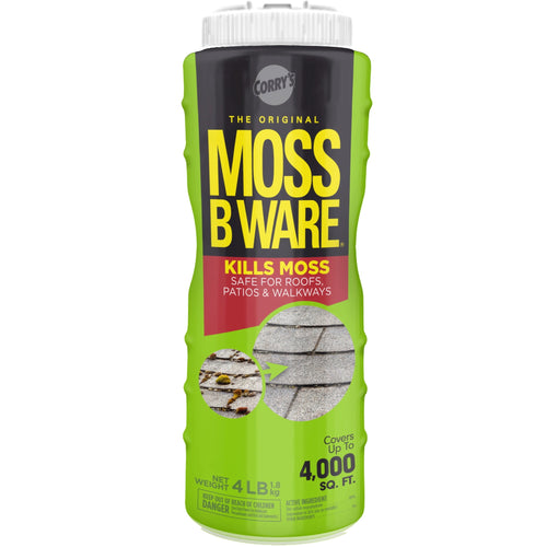 Tall green cylindrical container of Corry's Moss B Ware with bold yellow product name and roof close-up image on label.