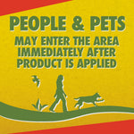 Yellow label art with silhouette of a person walking a dog and bold text stating people and pets may enter area immediately after product applied