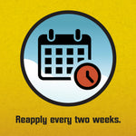 Round icon of a calendar and clock above text instructing to reapply every two weeks on yellow background
