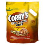 Yellow and brown Corry's branded resealable bag of slug and snail killer with large snail illustration and product name