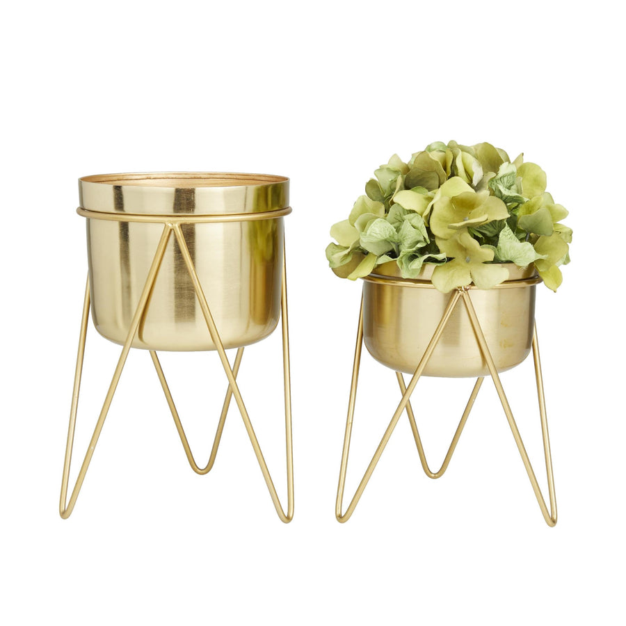 Two gold metal planters with removable hairpin stands, one taller and one shorter, shown on white background