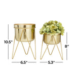 Pair of gold metal planters with removable stands shown with measurement callouts indicating heights and widths
