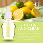 Promotional graphic showing a bottle of cotton-and-clean aroma oil over citrus fruit with descriptive text and BHG logo