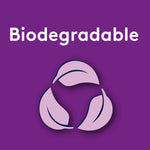 Purple panel with the word “Biodegradable” above a stylized leaf-recycle icon