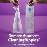 Two hands holding a torn sheet and a full sheet of textured Cottonelle toilet paper over purple background highlighting CleaningRipples