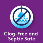 Icon of a plunger with a prohibited symbol and text “Clog‑Free and Septic Safe” on purple background