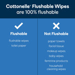 Blue infographic declaring Cottonelle Flushable Wipes are 100% flushable with check and cross columns listing flushable versus not flushable items