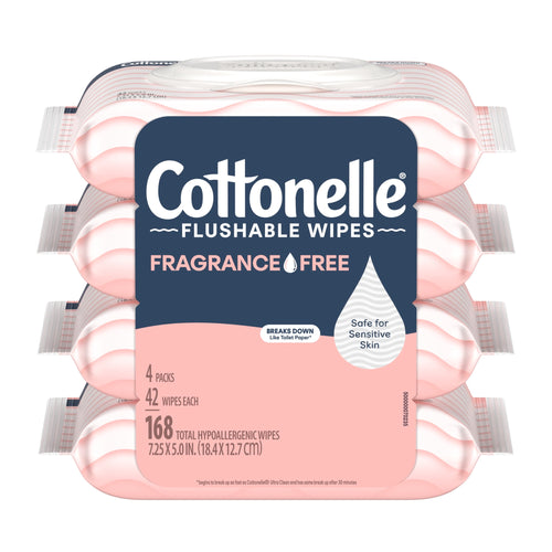 Four-pack stack of Cottonelle Fragrance-Free flushable wipes showing brand label and product details