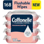 Stack of four pink Cottonelle Fragrance-Free flushable wipes packs with label and flip-top lid