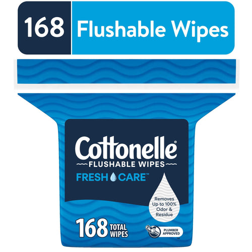 Blue Cottonelle Fresh Care flushable wipes resealable bag front with 168 label and water droplet graphic